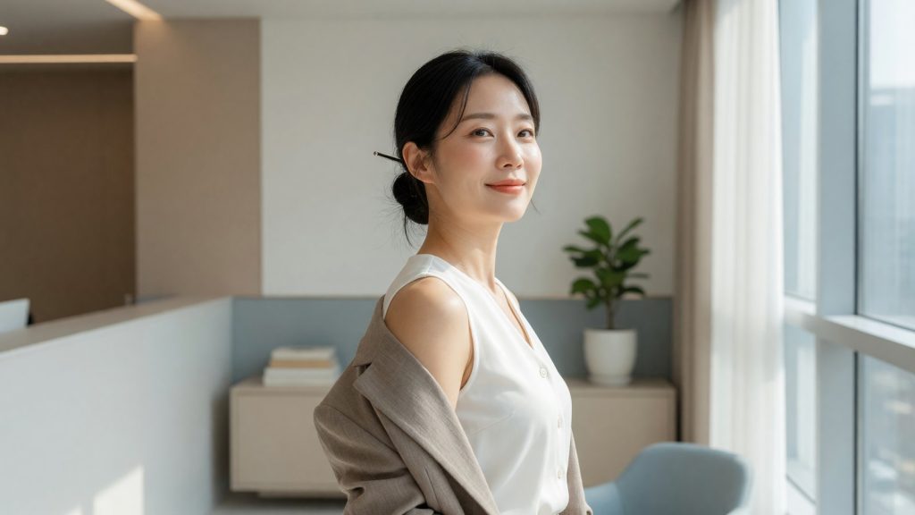 ผู้หญิงผิวสวยมั่นใจหลังดูแลตัวเองสไตล์เกาหลี ยืนริมหน้าต่างแสงธรรมชาติ