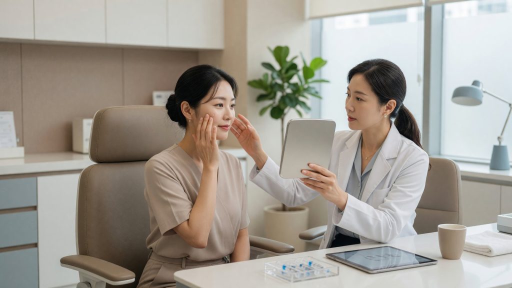 แพทย์และคนไข้ประเมินความอิ่มของใบหน้าก่อนฉีดไขมันหน้าในคลินิก