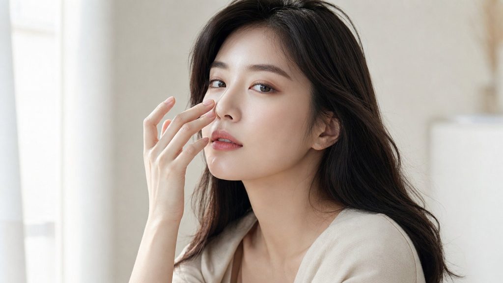ผู้หญิงมั่นใจสัมผัสสันจมูกที่เรียวได้รูปหลังเสริมจมูกเกาหลี