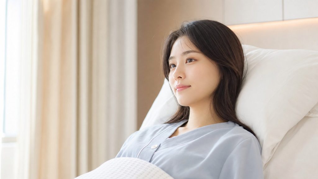 คนไข้พักฟื้นในห้องพักสว่างสบายหลังเสริมจมูกเกาหลี นอนหนุนหมอนสูงตามคำแนะนำ